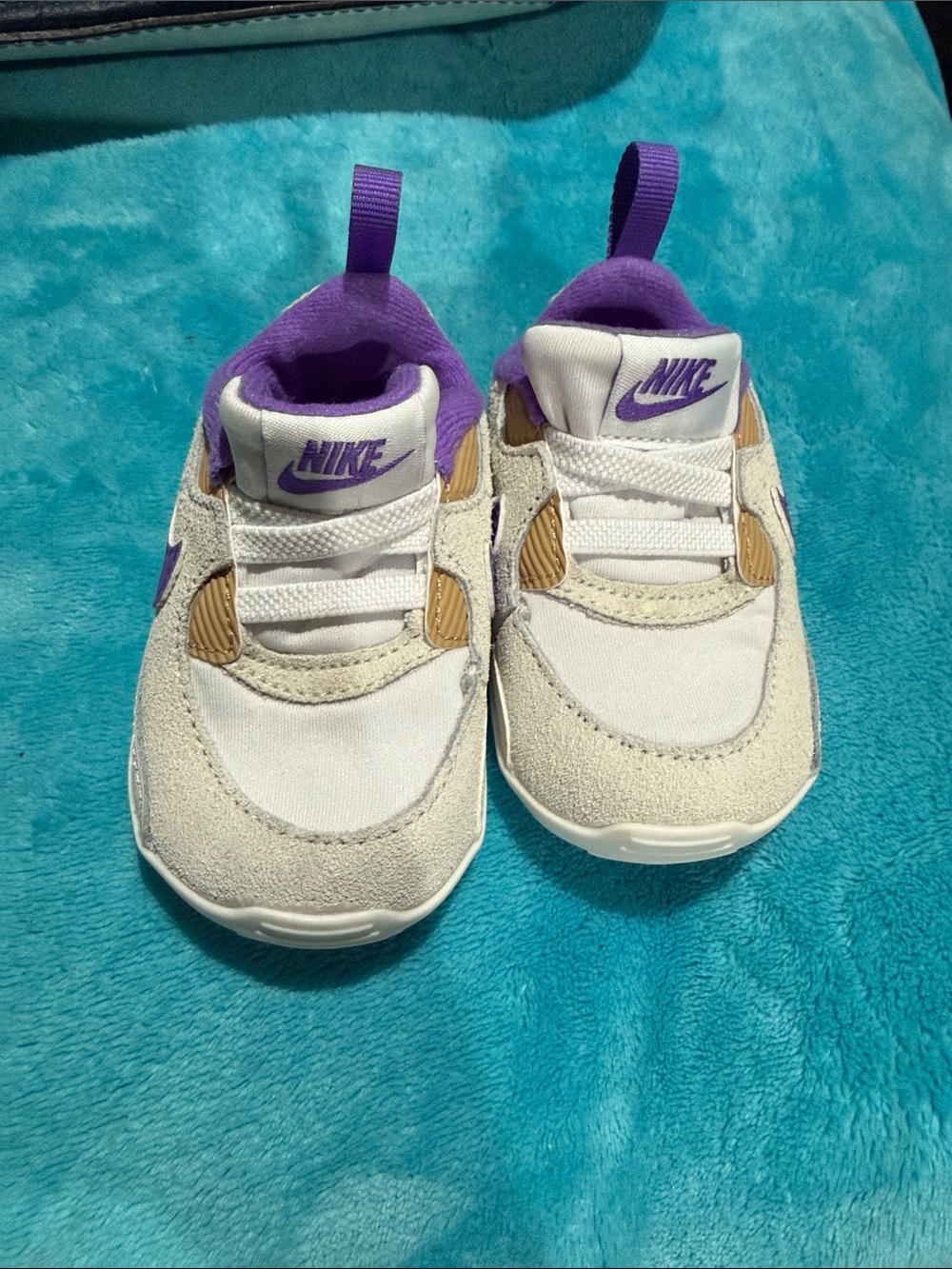 Nike Kids White and Purple Slip-On Sneakers with Tan Accents